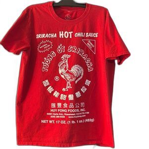 Vibrant Red Short Sleeve Tee with Rooster Graphic Size L